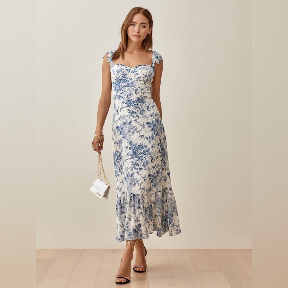 Reformation Blue Floral Tie-Shoulder Midi Dress